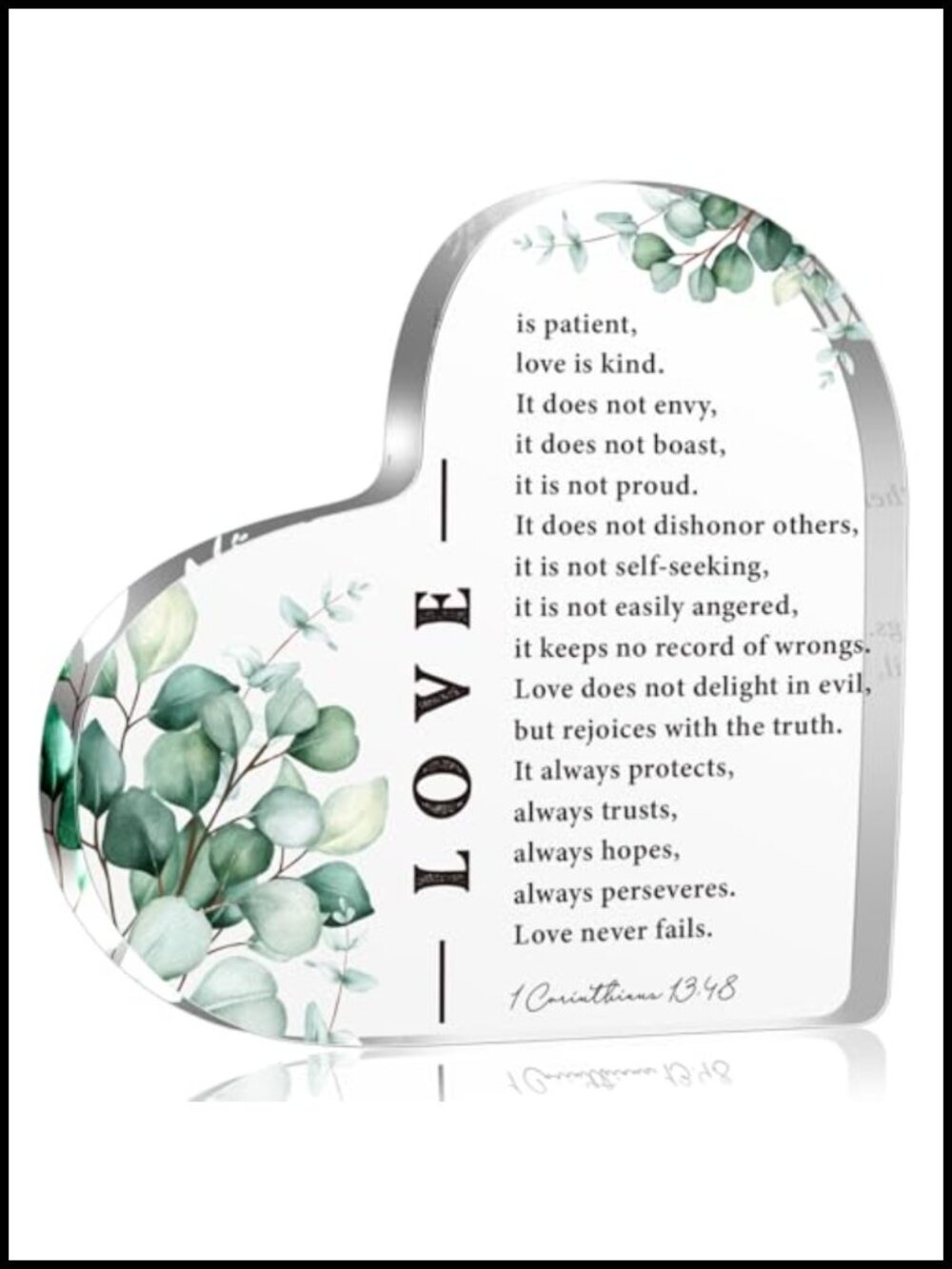 Acrylic Heart Plaque 1 Corinthians 13:4-8 Christian Shelf Decor Freestanding